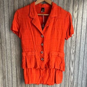 VTG 90’s Neon Orange Diamond Rhinestone Button Down Blazer Mini Skirt Suit Set